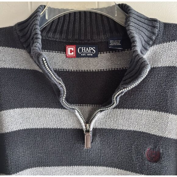 CHAPS Men's XXL Dk. Blue/Gray Collar Zip Pullover Striped Heavyweight Sweater #B - Picture 4 of 6